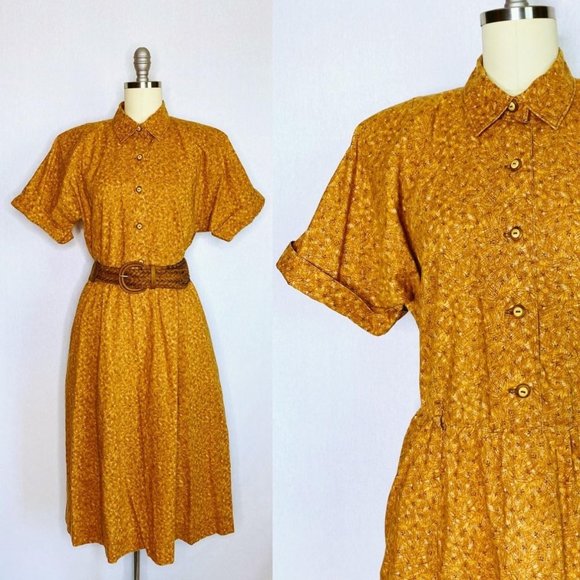 Vintage Dresses & Skirts - Vintage Collared Work Day Dress Size L Large Brown